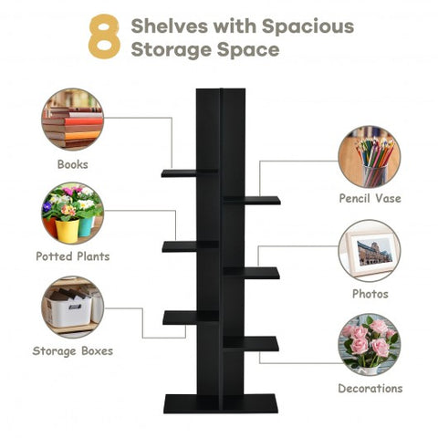 7-Tier Wooden Bookshelf with 8 Open Well-Arranged Shelves-Black