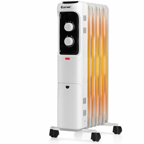 1500W Oil Filled Portable Radiator Space Heater with Adjustable Thermostat-White