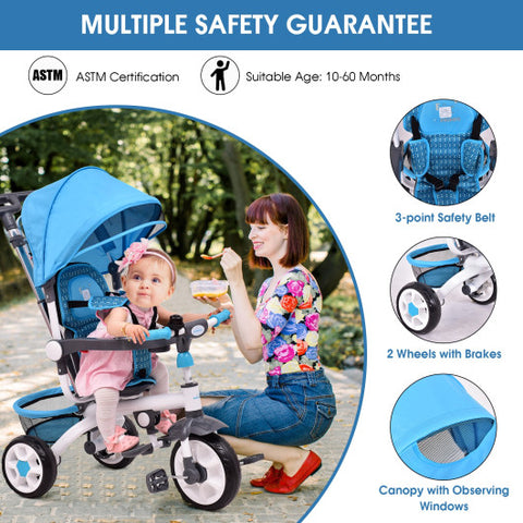 4-in-1 Detachable Baby Stroller Tricycle with Round Canopy -Blue