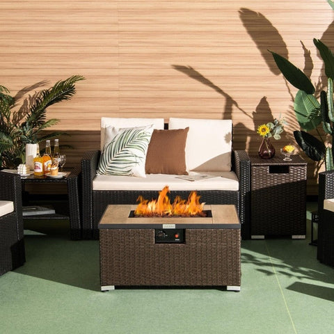 Outdoor Propane Fire Pit with Side Table Tank Holder in Brown PE Rattan