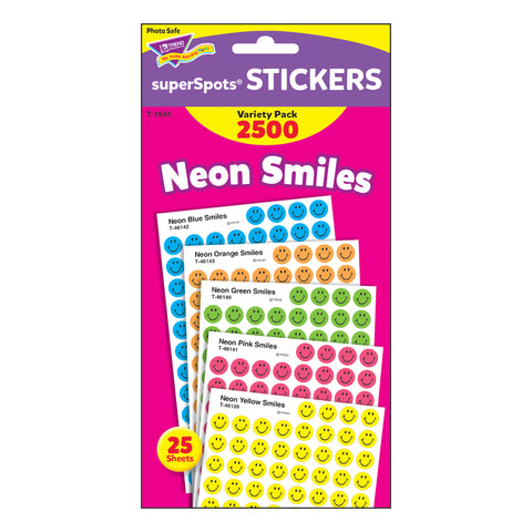 Neon Smiles superSpots® Stickers Variety Pack, 2500 Per Pack, 3 Packs