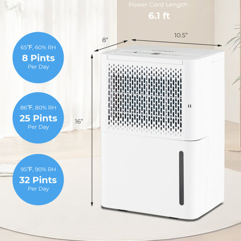 2000 Sq. Ft 32 Pint Dehumidifier with Continuous/Drying/Auto Mode-White