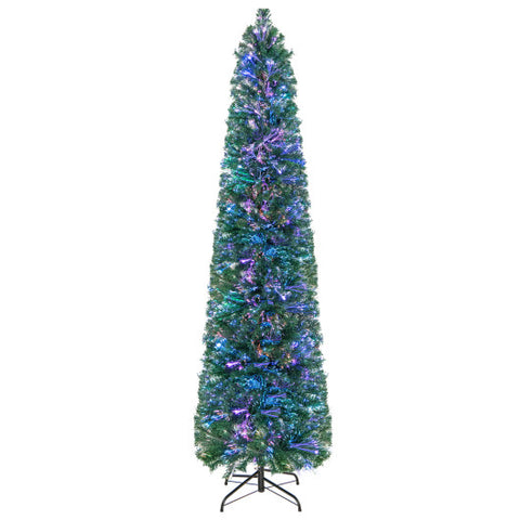 5/6/7/8 FT Pre-Lit Christmas Pencil Tree with Colorful Fiber Optics Green-7 ft