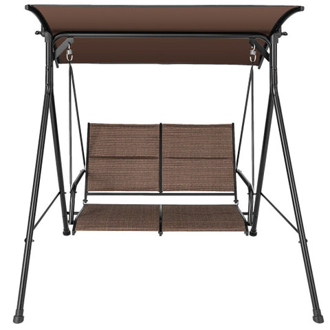 2 Person Porch Swing with Adjustable Canopy and Padded Seat-Brown