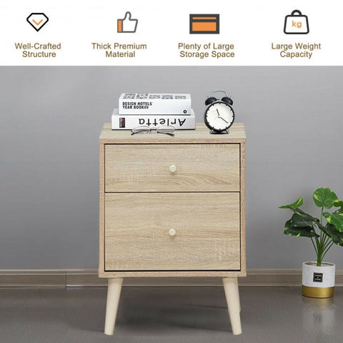 2-Drawer Nightstand Beside End Side Table with Rubber Legs-Natural