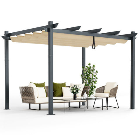 10 x 12 Feet Outdoor Aluminum Retractable Pergola Canopy Shelter Grape Trellis-Beige