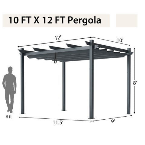 10 x 12 Feet Outdoor Aluminum Retractable Pergola Canopy Shelter Grape Trellis-Gray