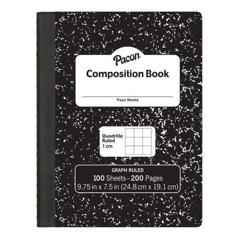 Composition Book, Black Marble, 1 cm Quadrille Ruled 9-3/4" x 7-1/2", 100 Sheets, Pack of 6