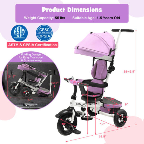 Folding Tricycle Baby Stroller with Reversible Seat and Adjustable Canopy-Pink