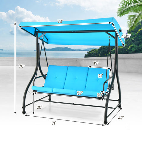 3 Seat Outdoor Porch Swing with Adjustable Canopy-Blue