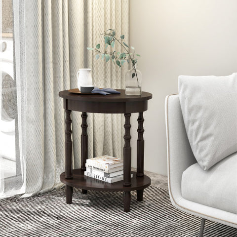 2-Tier Oval Side Table with Storage Shelf and Solid Wood Legs-Espresso