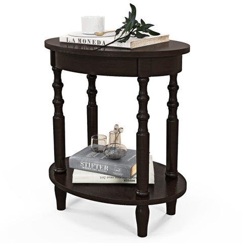 2-Tier Oval Side Table with Storage Shelf and Solid Wood Legs-Espresso