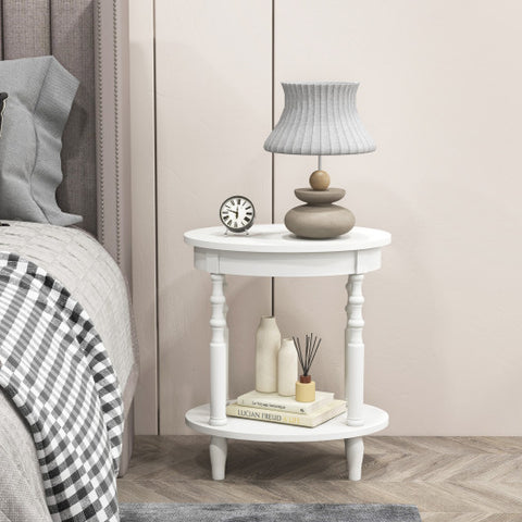 2-Tier Oval Side Table with Storage Shelf and Solid Wood Legs-White