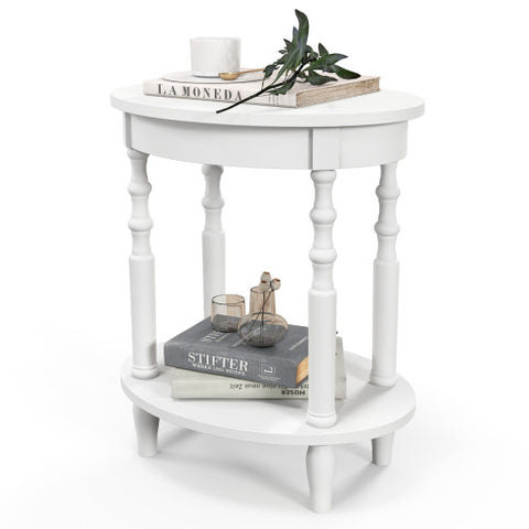 2-Tier Oval Side Table with Storage Shelf and Solid Wood Legs-White