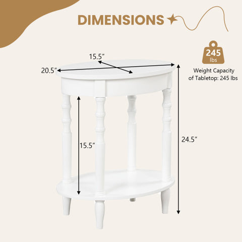 2-Tier Oval Side Table with Storage Shelf and Solid Wood Legs-White