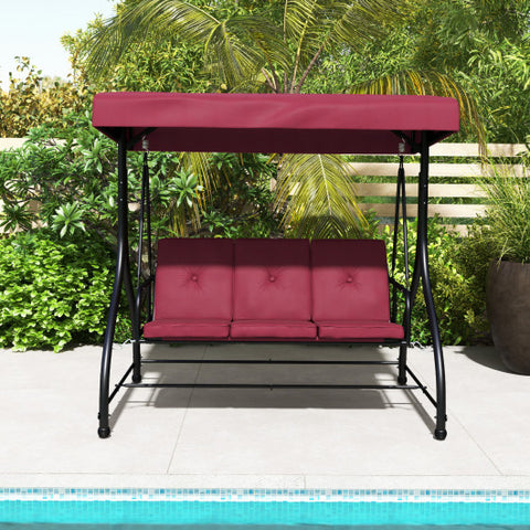 3 Seat Outdoor Porch Swing with Adjustable Canopy-Wine