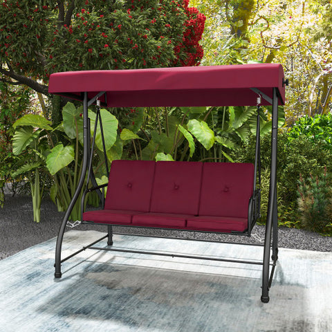 3 Seat Outdoor Porch Swing with Adjustable Canopy-Wine