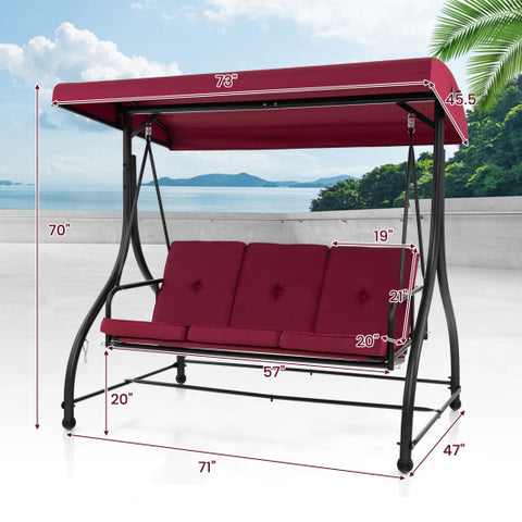 3 Seat Outdoor Porch Swing with Adjustable Canopy-Wine