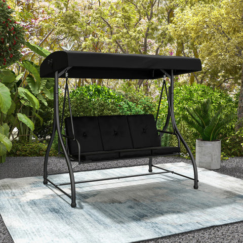 3 Seat Outdoor Porch Swing with Adjustable Canopy-Black