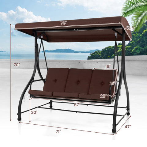 3 Seat Outdoor Porch Swing with Adjustable Canopy-Coffee