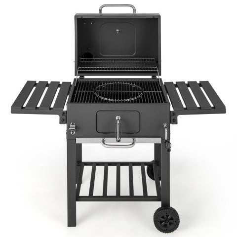 Outdoor BBQ Charcoal Grill with 2 Foldable Side Table and Wheels