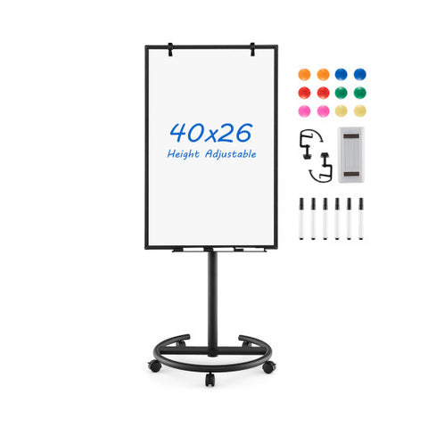 Height-Adjustable Mobile Whiteboard with Round Stand Paper Clips-Black