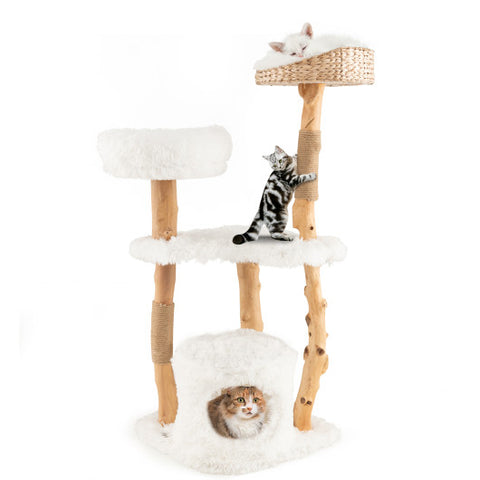 Solid Wood Cat Tower with Top Cattail Basket Cat Bed for Indoor Cats-White