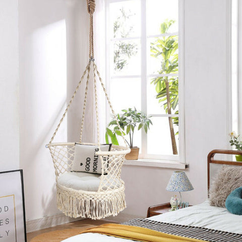 Hanging Hammock Chair with 330 Pounds Capacity and Cotton Rope Handwoven Tassels Design-Beige