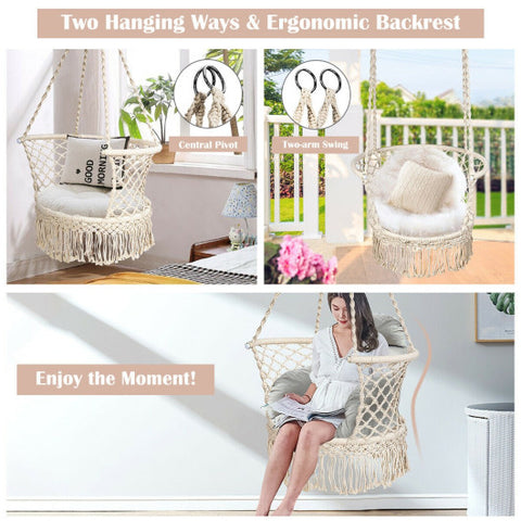 Hanging Hammock Chair with 330 Pounds Capacity and Cotton Rope Handwoven Tassels Design-Beige