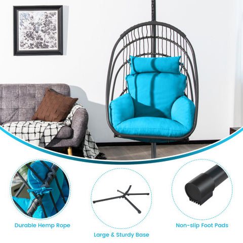 Hanging Folding Egg Chair with Stand Soft Cushion Pillow Swing Hammock-Turquoise