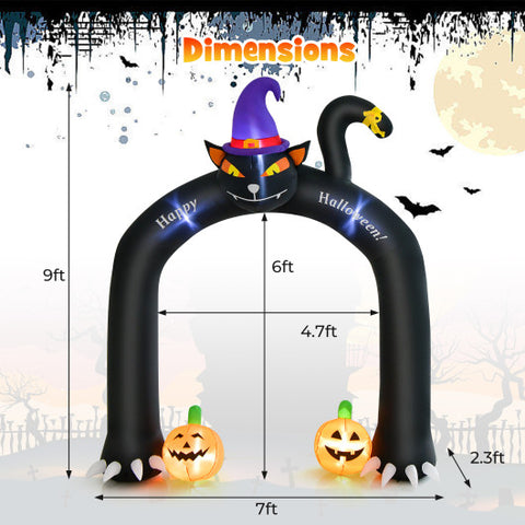 9 Feet Halloween Inflatable Cat Archway with Wizard Cat and Pumpkins