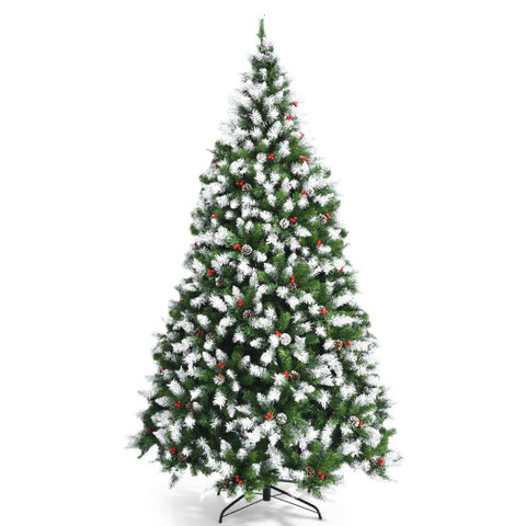 Pre-lit Snow Flocked Christmas Tree with Red Berries and LED Lights