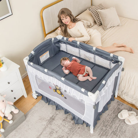 Convertible Bassinet with Removable Changing Table and Detachable Mesh Net-Grey