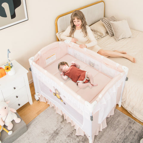 Convertible Bassinet with Removable Changing Table and Detachable Mesh Net-Pink