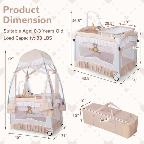 Convertible Bassinet with Removable Changing Table and Detachable Mesh Net-Pink