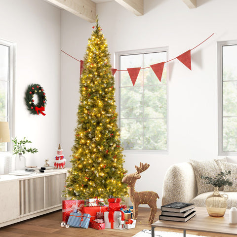 5/6/7/8/9 FT Pre-Lit Artificial Hinged Slim Pencil Christmas Tree-9 ft