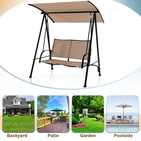 2-Seat Outdoor Canopy Swing with Comfortable Fabric Seat and Heavy-duty Metal Frame-Beige