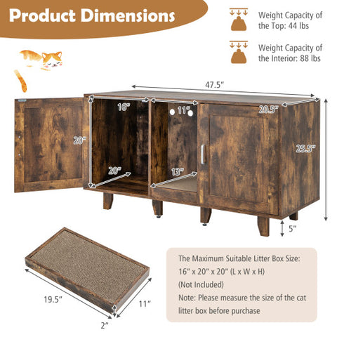 2-Door Cat Litter Box Enclosure with Winding Entry and Scratching Board-Rustic Brown