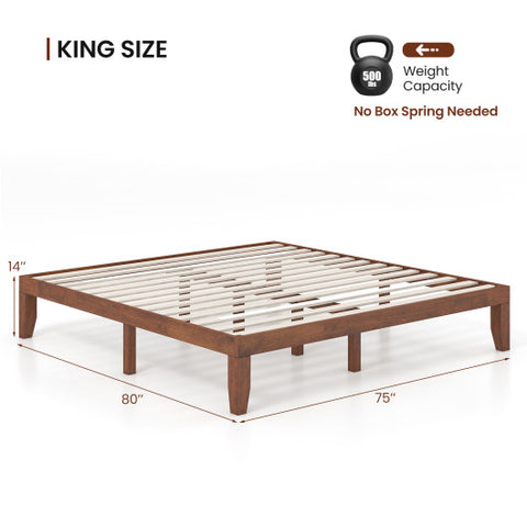 14 Inch King Size Rubber Wood Platform Bed Frame with Wood Slat Support-Walnut