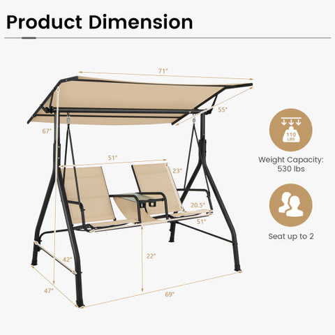 2-Seat Outdoor Cushioned Porch Swing with Adjustable Canopy and Tempered Glass Table-Beige