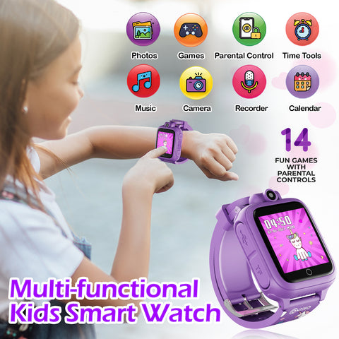 KW1 Smart Watch for Kids with Educational Games, HD Touch Screen, Camera, and MP3 Music Player, Purple