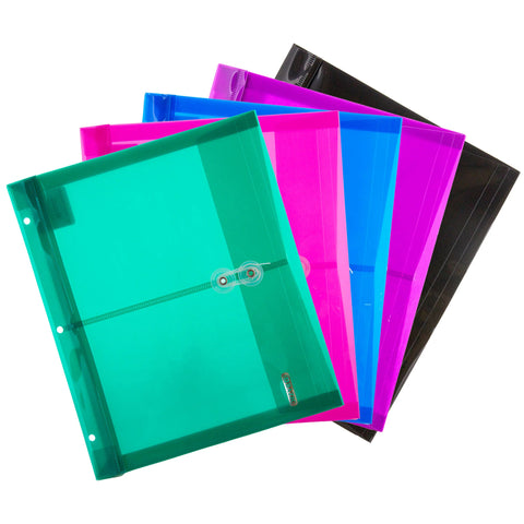 Poly Project Envelopes, 11-1/2" x 9-3/4", 200 Sheet Capacity, Assorted Colors, 5 Per Per Pack, 3 Packs