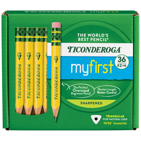 My First® Short Wooden Pencils, Large Triangle Barrel, Sharpened, #2 HB Soft, With Eraser, Yellow, 36 Count