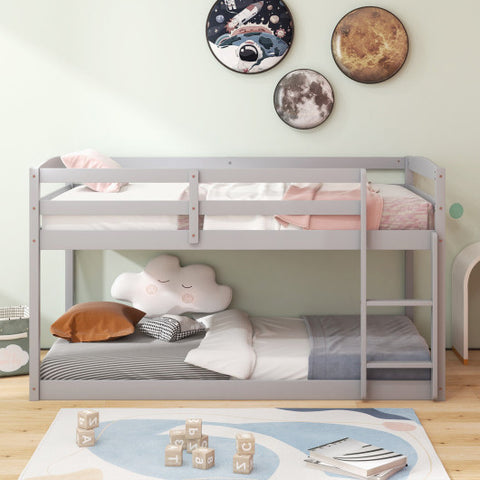 Twin Size Bunk Bed with High Guardrails and Integrated Ladder-Gray