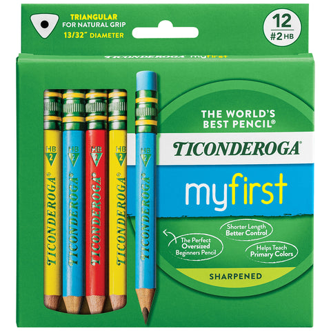 My First® Short Wooden Pencils, Large Triangle Barrel, Sharpened, #2 HB Soft, With Eraser, Primary Colors, 12 Per Pack, 2 Packs