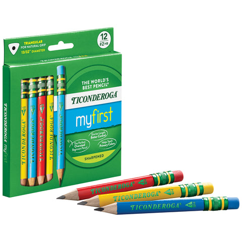 My First® Short Wooden Pencils, Large Triangle Barrel, Sharpened, #2 HB Soft, With Eraser, Primary Colors, 12 Per Pack, 2 Packs