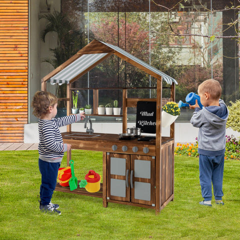 Kid's Mud Kitchen Outdoor Solid Wood Mud Kitchen with Canopy-Natural