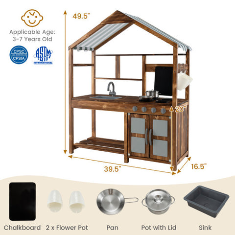 Kid's Mud Kitchen Outdoor Solid Wood Mud Kitchen with Canopy-Natural