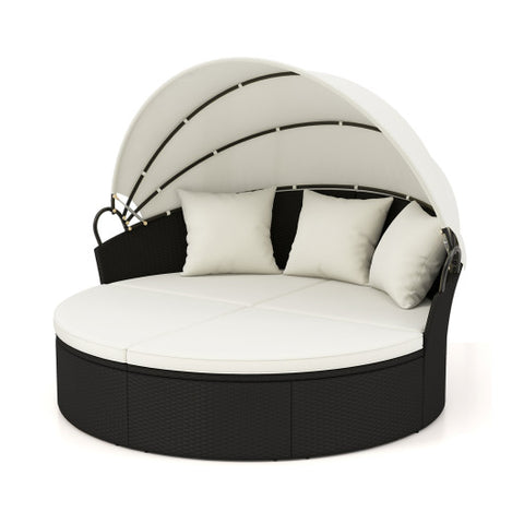 Clamshell Patio Round Daybed Wicker with Retractable Canopy and Pillows-Off White