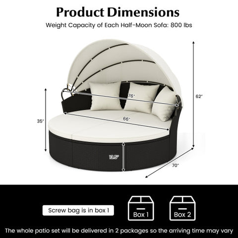 Clamshell Patio Round Daybed Wicker with Retractable Canopy and Pillows-Off White